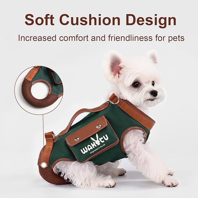 Dog Lift Harness Dog Carrier Dog VES Harness Adjustable Dog Leash with Small Puppy Treat Bag（Green,S）