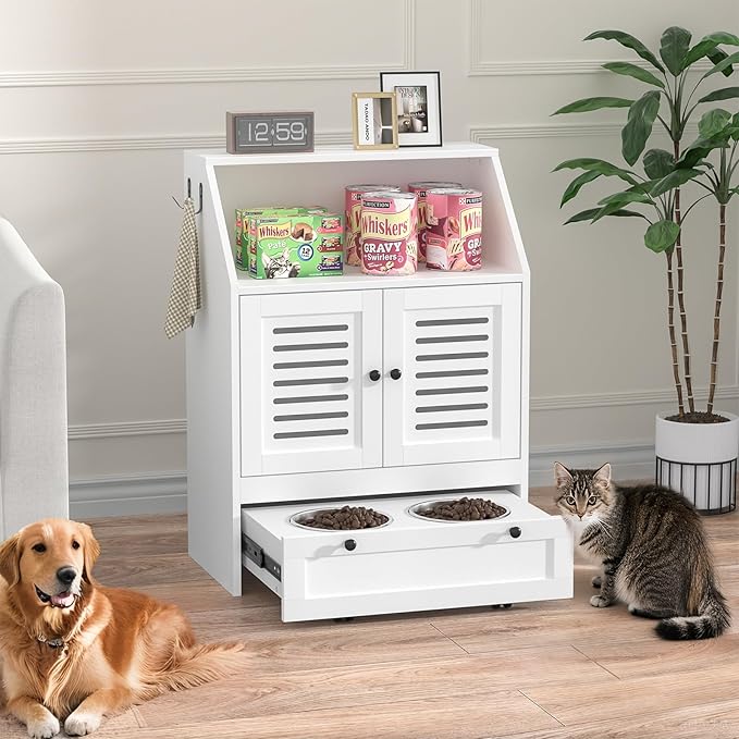 Giluta Dog Feeding Station, Food Cabinet Furniture with 2 Dog Raised Bowls, Pet Food Storage Pet Feeder Cabinet Container for Feeding&Watering Supplies,White