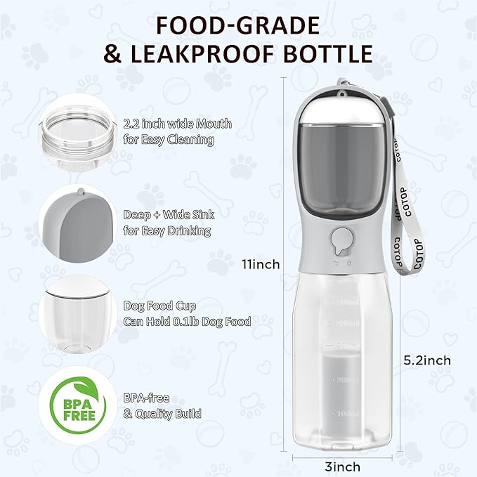 20oz Dog Water Bottle with Food Container & Poop Bag Dispenser | Leak-Proof Portable Pet Water Dispenser with Carabiner Clip | for Walking, Hiking, Travel