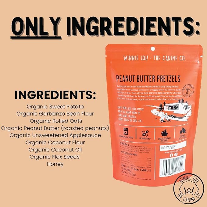 Winnie Lou Organic Healthy Dog Treats – All Natural Crunchy Dog Biscuits Made in USA with Organic Ingredients from Colorado Farms – for Small, Medium, Large Dogs - Peanut Butter Pretzels (Pack of 2)