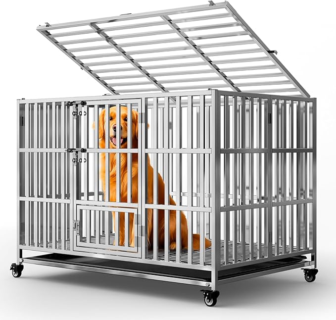 48" Heavy Duty Dog Crates for Large Dogs, Upgraded 4 Lockable Wheels, Stainless Steel Kennel Dog Kennel Indoor, Max Load 300Lbs, Easy to Clean, Escape Proof, XL Dog Cage for High Anxiety Dogs