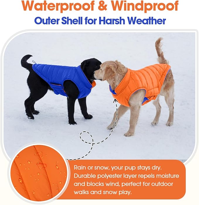 QBLEEV Reversible Dog Coat, Warm Snowproof Dog Puffer Jacket for Large Dogs, Waterproof Cold Weather Coats with Hook & Loop, 2-in-1 Lightweight Windproof Padded Vest for Big Pitbull, Blaze Orange, XL