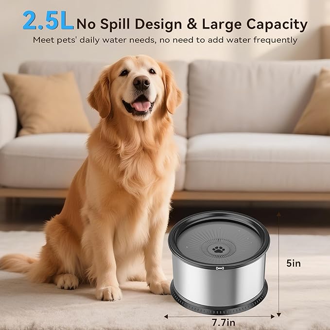 2PCS 2.5L No Spill Dog Water Bowl 84oz Stainless Steel Slow Water Bowls for Small Medium Dogs Splash Proof Pet Bowl with Anti-Slip Mat for Sloppy Messy Drinkers and Cats