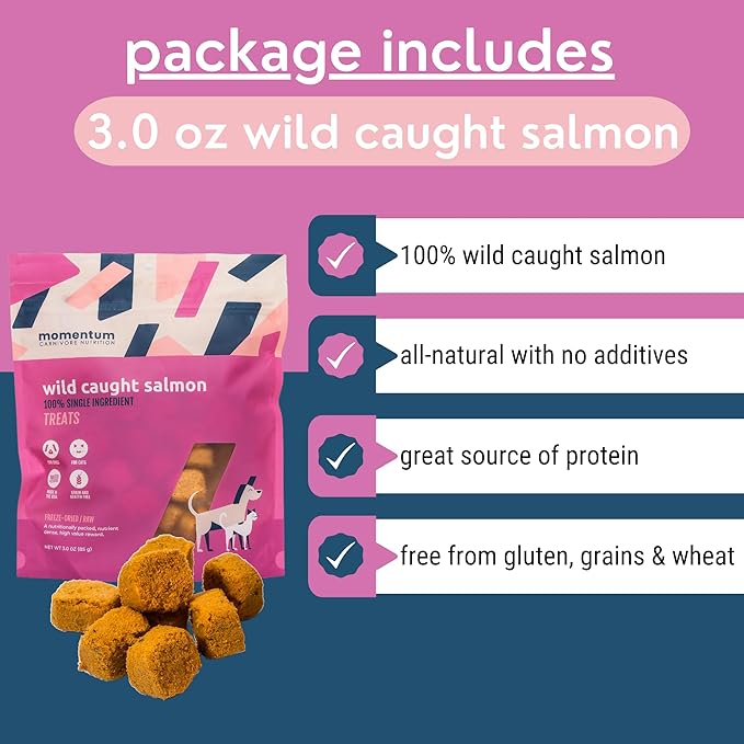 Momentum Carnivore Nutrition Wild-Caught Salmon Dog and Cat Treats - Freeze-Dried Raw - High Protein, Skin & Coat Support, Omega 3s - 3 oz Bag