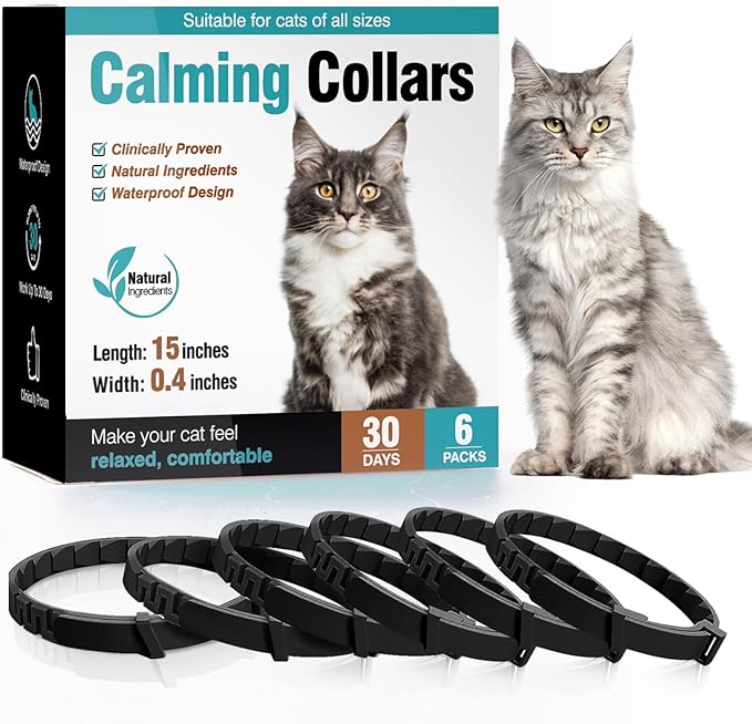 6 Pack Calming Collar for Cats Cat Calming Pheromones Collar Stress and Anxiety Relief for 30 Days Pheromone Collars Adjustable Calm Care Products Anti Aggression Stop Meowing Relaxer for Cats in Heat