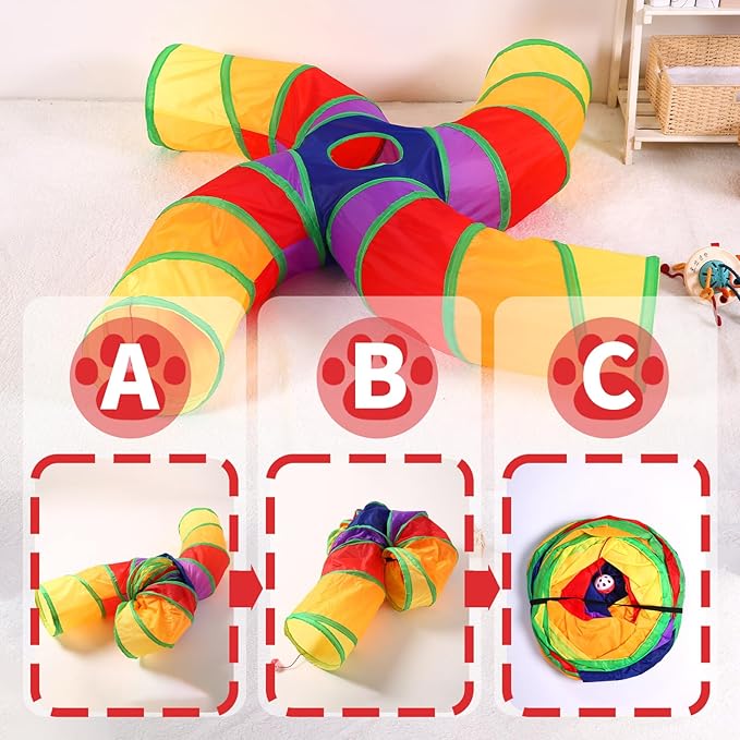 Pet Cat Tunnel, 4 Way Tunnels for Indoor Cats, Collapsible Pet Tunnel for Kitten, Puppy, Rabbit, 25cm-Wide Tunnels, Durable & Breathable, with Peek Hole Toy Ball