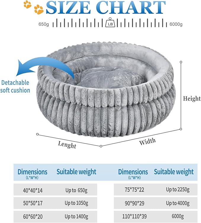Dual-Layer Donut Cat Bed - Fluffy Round Bed for Small Pets - Ultra-Soft Cat Donut Bed for Cozy Sleep (Grey, 16 * 16 * 5.5 inch / 40 * 40 * 14 cm)