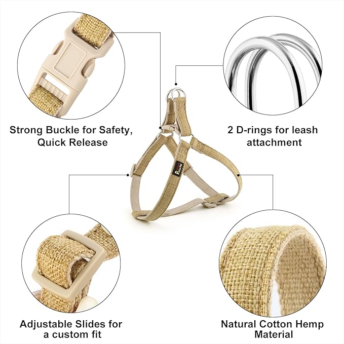 Plutus Pet Cotton Hemp Step in Dog Harness, Sustainable, Lightweight and Escape-Proof, Quick Fit Dog Harness for Puppy Small Medium and Large Dogs, Khaki, S