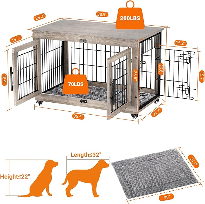 Dog Crate Furniture with Cushion, Large Wooden Dog Kennel Indoor with Double Doors, Dog Cage with Wheels, Dog House Side End Table for Large Medium Dogs up to 70 lb, 38.5” L, Grey