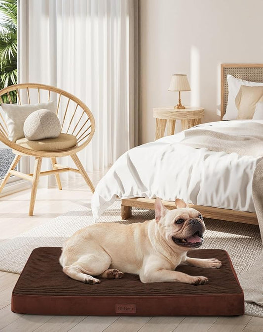 OhGeni Orthopedic Waterproof & Machine Washable Dog Bed for Small Medium Pets, Suitable for Crates, Cat Mat with 25D Egg Crate Foam, Removable Cover, 30 Inches(Brown)