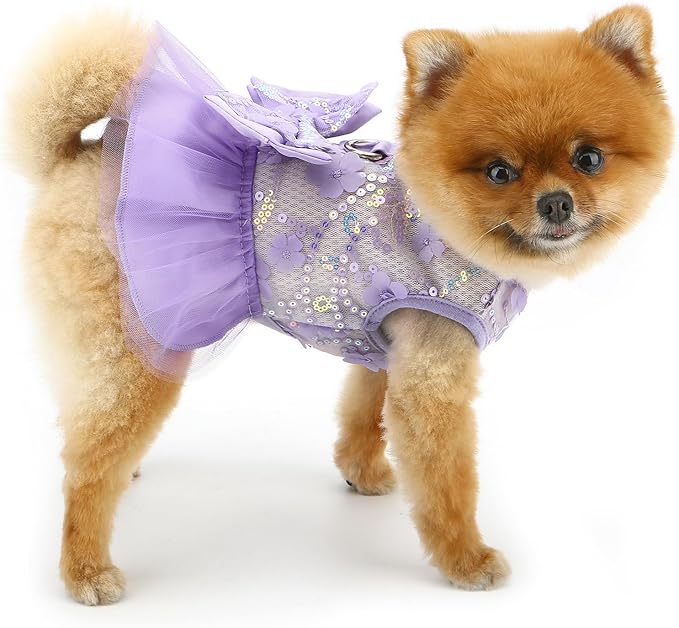 Dog Dress,Luxury Bow Princess Tutu Dresses for Girl Dogs Cute Fashion Mesh Pet Skirt with Sequins Flower Cat Puppy Clothes Wedding Party Outfits Chihuahua Apparel Button up D-Ring,Purple,M
