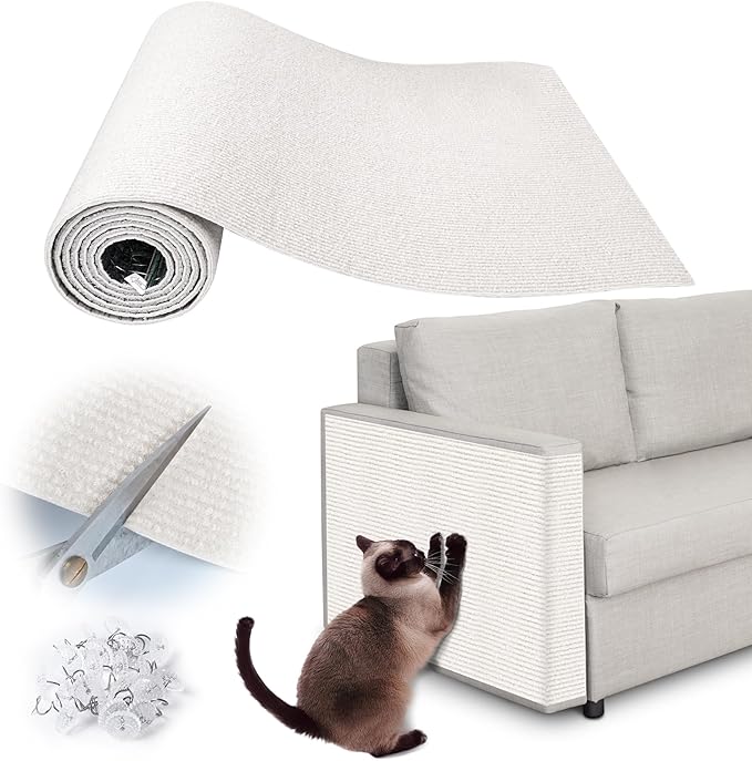 Cat Scratch Furniture Protector - 158" x 15.8" Trimmable Self-Adhesive Cats Claws Scratch Pads, DIY Cat Climbing Couch Protector for Scratch Post Cat Tree Replacement Indoor (Cream White)