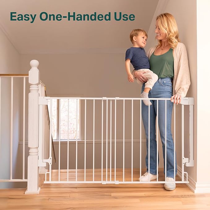Cumbor Expandable 31.6-48" Baby Gate for Stairs, Wall-Mounted, 2-in-1 No Bottom Bar Dog Gate Indoor, Auto Close Pet Gate for Doorways with Large Walk Thru Door, Child-Proof Gate for Kids (White)