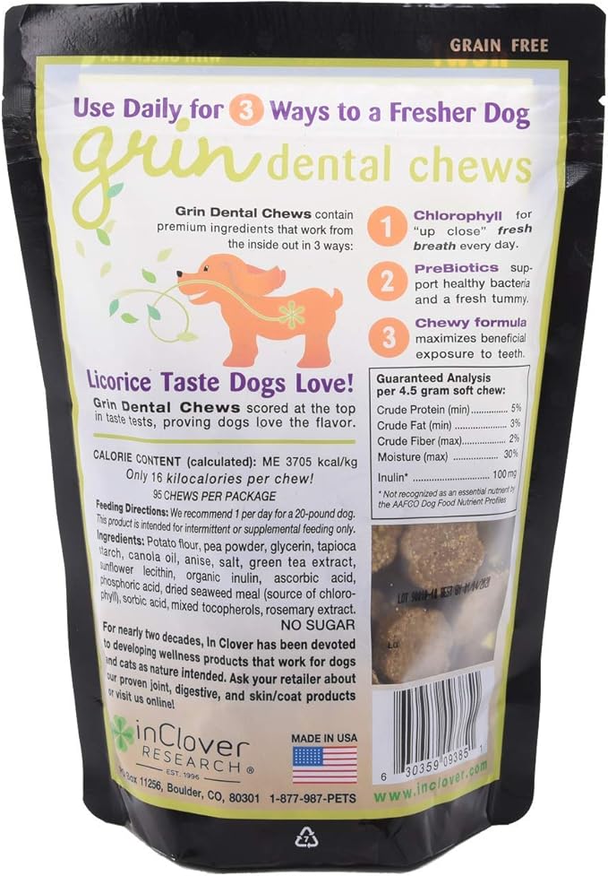 In Clover Natural Dental Treat, Grin, Fresh Breath Dog Chew Treat with Prebiotics, Fresh Breath Tartar Control, Daily Chew Supplement for Dogs Supports Dog Gums and Teeth