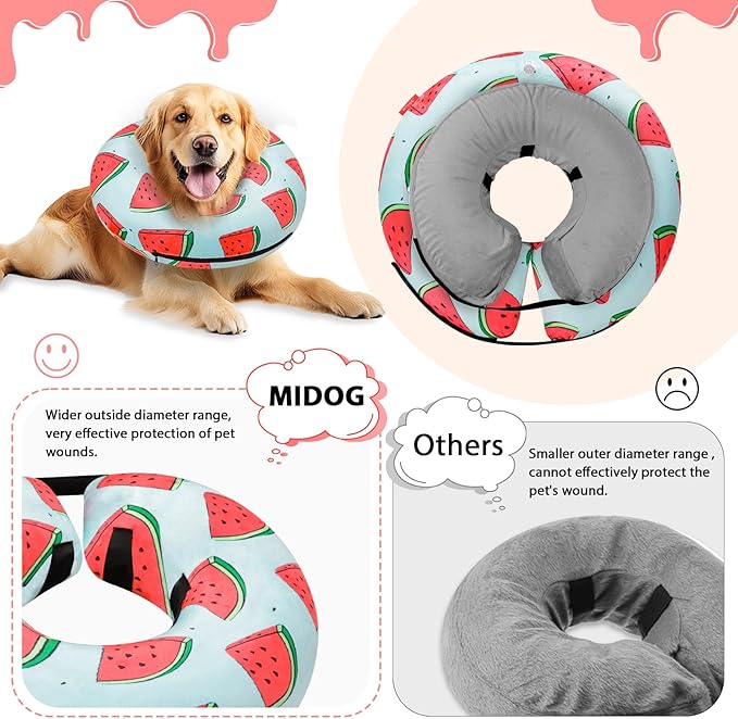 MIDOG Inflatable Dog Cone Alternative for After Surgery - Soft Protective Donut Collar Prevents Licking, Comfortable Recovery E-Collar Alternative for Small Medium Large Dogs (Watermelon,L)