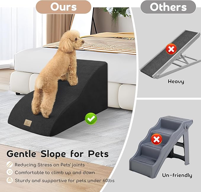 Mestuel Extended Dog Stairs for Small Dogs, Pet Stairs to Couch Sofa Bed, Pet Stairs Steps Longer Slope, Dog Ramp with High Density Foam &Washable Cover, Black