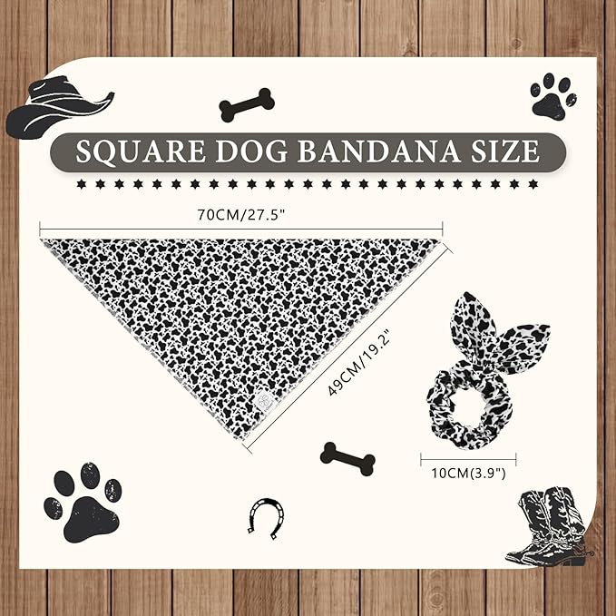 E-Clover Cow Print Dog Bandanas & Matching Scrunchie Set Fall Cowboys Theme Dog Scarf Bibs Pet Bandana with Bow Tie for Medium Large Dogs Owner Mom Black White