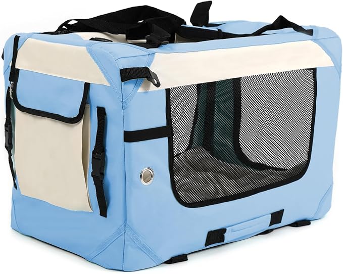 Collapsible Travel Dog Crate Portable Soft-Sided Pet Kennel Extra Large Cat Carrier with Soft Plush Fur Mat for Indoor and Outdoor,28x20x20in Sky Blue