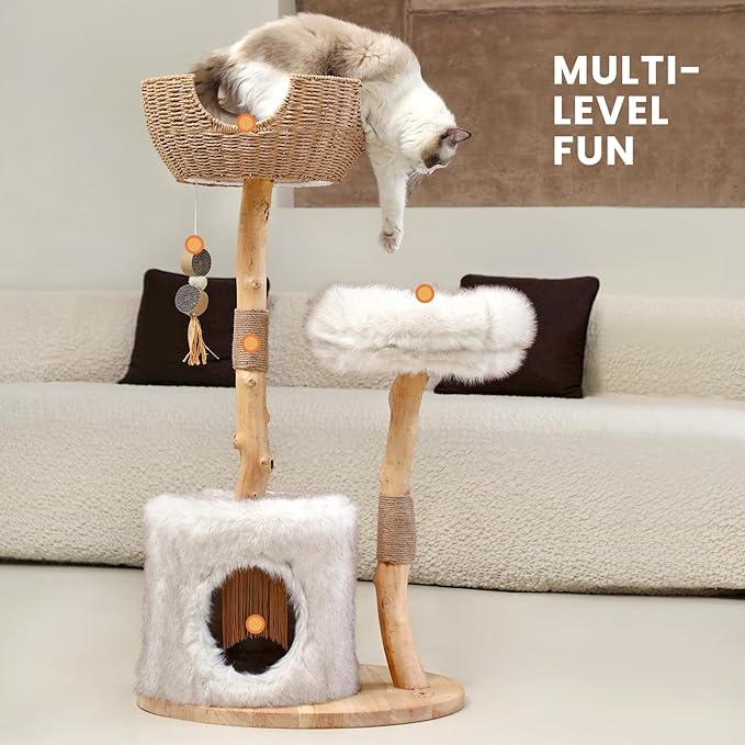 Cat Tree Tower with Two Real Branches, 44 INCH Wood Modern Cat Tower with Luxury Cat Condo, Cat Scratching Post, Jumping Platforms, Cat Furniture (Long Plush)