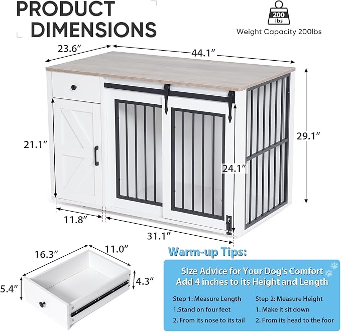 Verano Garden 44" Dog Crate, 2-in-1 Furniture-Style Dog Crate with Storage Drawer & Cabinet, Heavy Duty Dog Kennel Dog Cage Indoor for Small Medium Dogs, White (44" Left Facing Door)