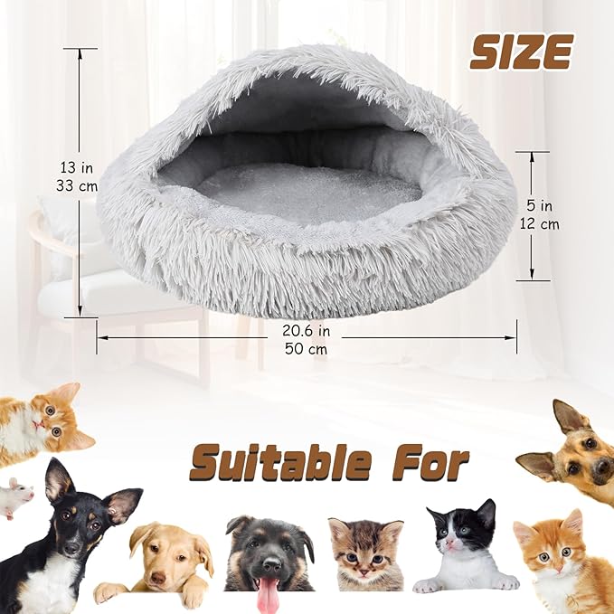 Bdor Cat Beds & Dog Bed with Cover Cave, 20in Round Beds for Medium Small Pets, Self Warming Soft Plush Donut Calming Pet Bed for Indoor Cats Dogs Puppy Kitten, Washable Bed with Non-Slip Bottom