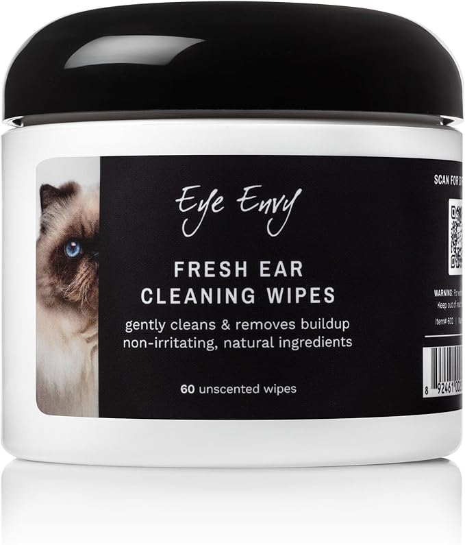 Eye Envy Fresh Ear Cleaning Wipes for Cats. Made in The USA from Natural Ingredients. Unscented. Prevents Infections. Safe and Non-Irritating. Removes Dirt, Debris, and Wax buildup. 60 Count.
