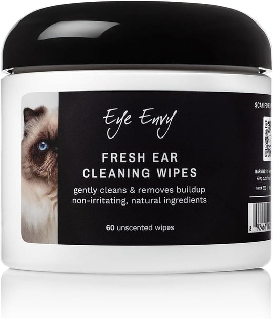 Eye Envy Fresh Ear Cleaning Wipes for Cats. Made in The USA from Natural Ingredients. Unscented. Prevents Infections. Safe and Non-Irritating. Removes Dirt, Debris, and Wax buildup. 60 Count.