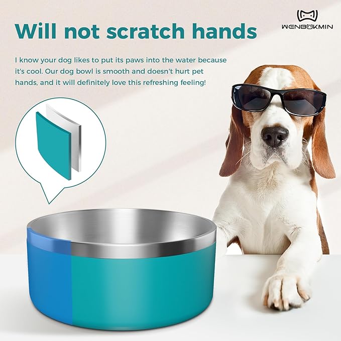 Dog Bowl, Stainless Steel Dog Food and Water Bowl with Non Slip Quiet Bottom, Easy to Clean, Dishwasher Safe, 64oz, Lake Blue