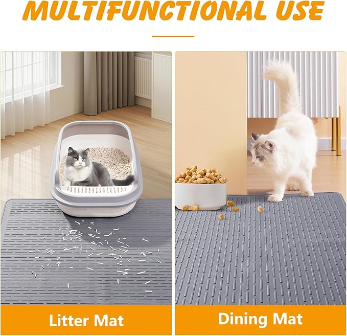 Silicone Cat Litter Mat, 28x20 in Waterproof Litter Box Mat Cats Feeding Mats with Raised Edges, Quick Clean Desig (Grey)