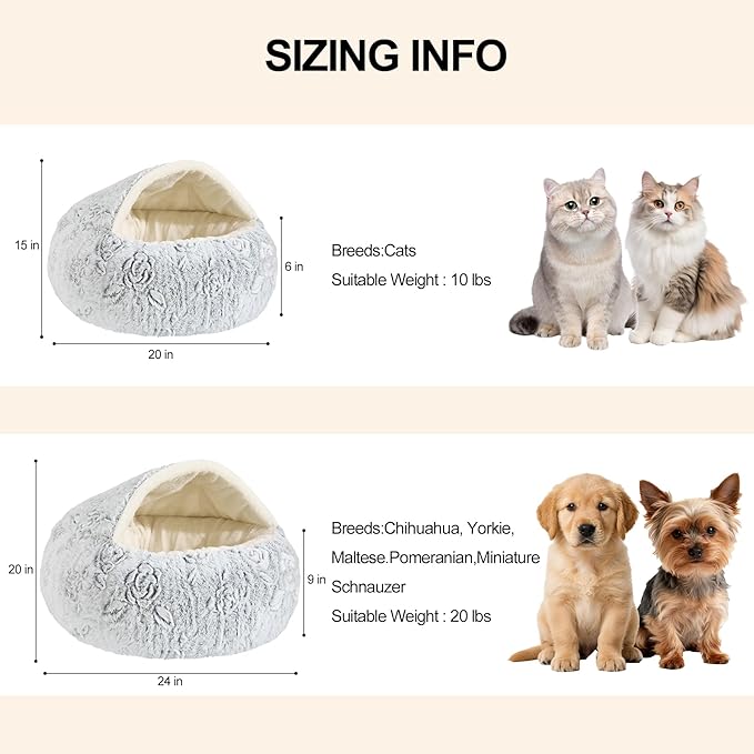 Calming Dog Beds & Cat Cave Bed with Hooded Cover,Removable Washable Round Beds for Small Medium Pets,Anti-Slip Faux Fur Fluffy Coved Bed for Improved Sleep,Fits up to 15/25 lbs(Rose,S)