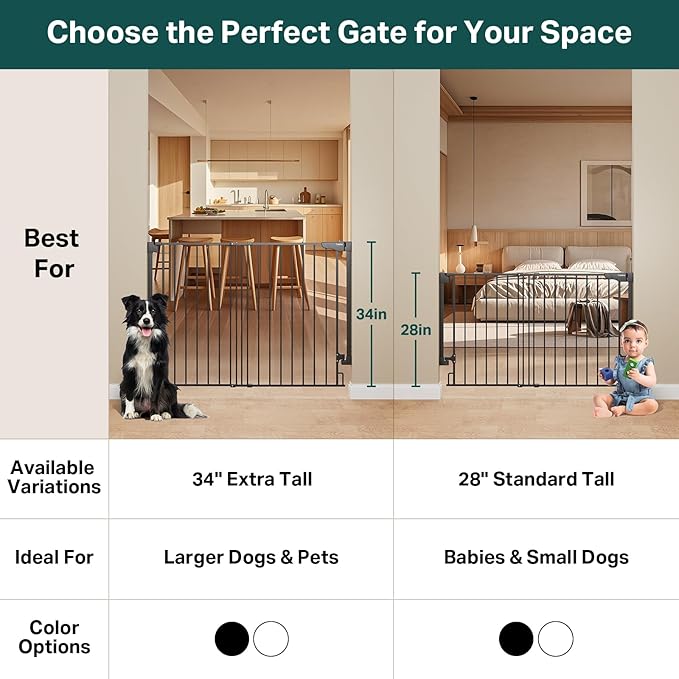 Cumbor 34" Extra Tall No Bottom Bar Baby Gate for Stairs, Wall Mounted Dog Gate Indoor for Larger Pets, Expandable 31.6-48" Safety Gate for Doorways, Wide Walk Thru Door for Easy Access (Black)