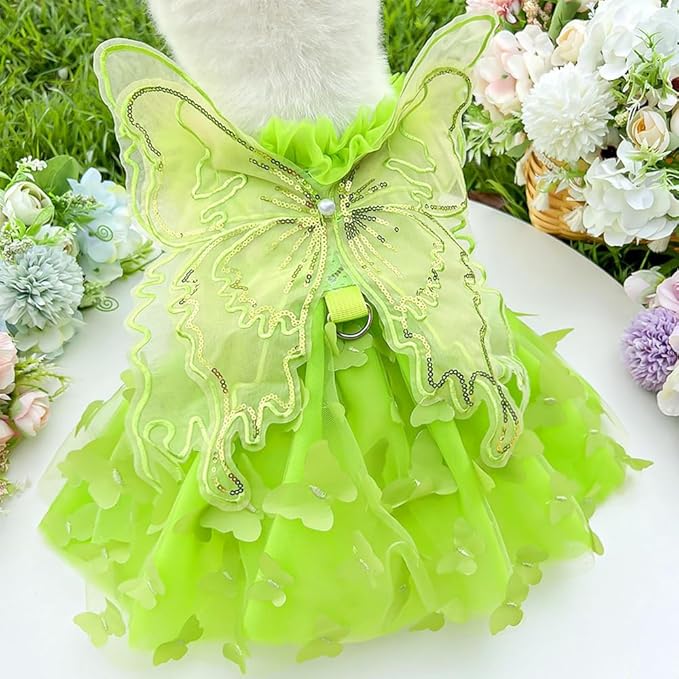 Rainbow Butterfly Dog Dresses for Small Dog Girl Puppy Lace Tutu Princess Dress Cat Outfit Pet Butterfly Costume for Kitten Chihuahua Yorkie Pomeranian (Green, Medium)