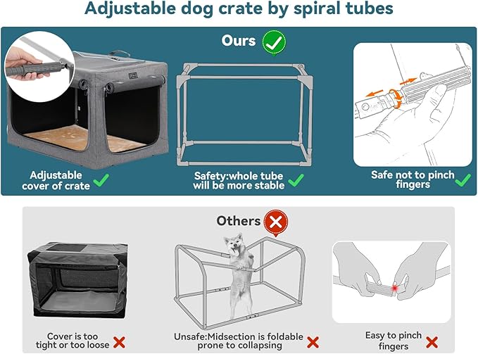 PETSFIT Travel Dog Crate, Soft Sided Dog Crate - 36 Inch Easy Set-up, Light, Sturdy, Comfy Inside with Thicken Mat, Collapsible Crate for Home and Travel Grey