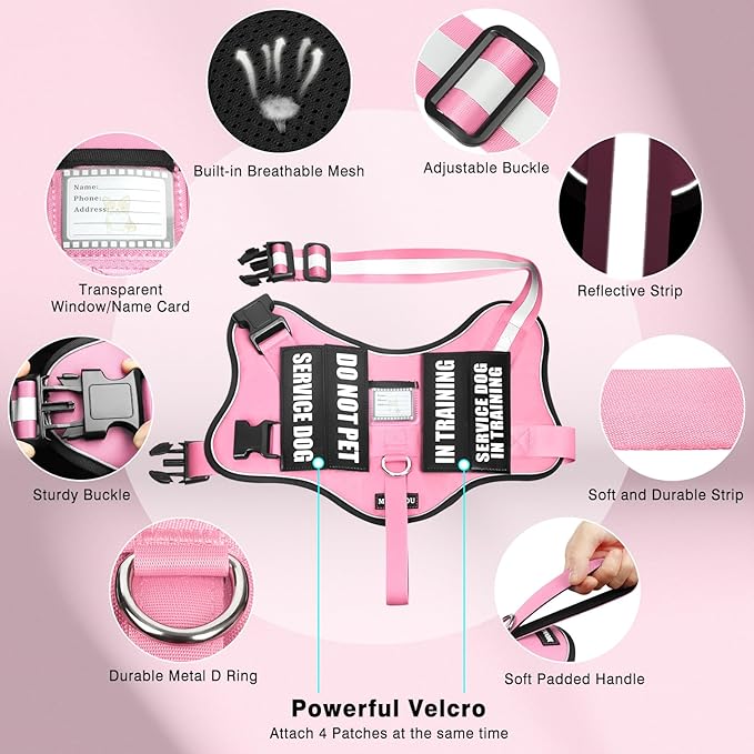 Service Dog Vest Harness and Leash Set+10 Patches,No Pull&Easy Walk Reflective Dog Harness with Soft Padded Handle for Training/Everyday,Fit Small/Medium/Large/Extra-Large Dogs (Pink L)