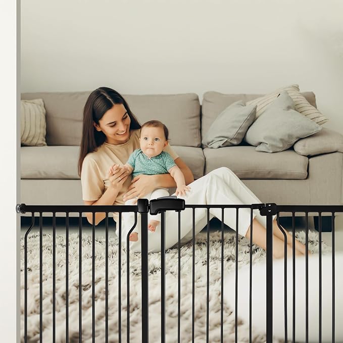 Extra Wide Baby Gate for Stairs Doorways with door, 30" Tall 66.5-75.8" Wide Easy Install Dog Gate indoor, Safety Metal Pressure Mounted Pet Gate with Walk-Thru Auto Close for the House, Black
