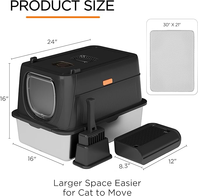 Citylife Stainless Steel Cat Litter Box with Lid，XL Extra Large Enclosed Removable Metal Litter Box with Litter Scoop&Double Layer Litter Mat,Non-Sticky，Non-Odor,Easy Cleaning, for Big Cats，Black