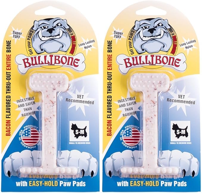 Bullibone Nylon Dog Chew Toy Nylon Bone - Improves Dental Hygiene, Easy to Grip Bottom, and Permeated with Flavor (Bacon, Small - 2 Pack)