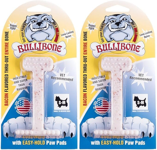 Bullibone Nylon Dog Chew Toy Nylon Bone - Improves Dental Hygiene, Easy to Grip Bottom, and Permeated with Flavor (Bacon, Small - 2 Pack)