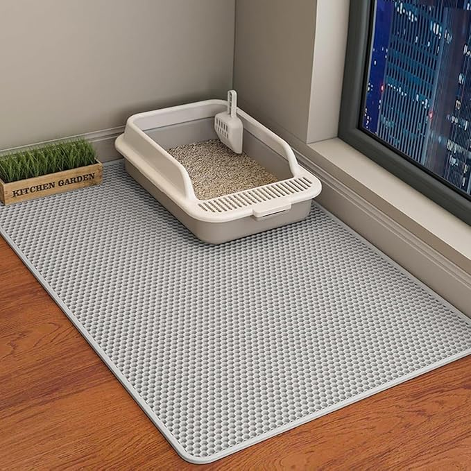 Cat Litter Mat Cat Litter Trapping Mat, 46 x 24 inch Honeycomb Double Layer Design, Urine and Water Proof Material, Scatter Control, Less Waste, Easier to Clean, Washable Gray