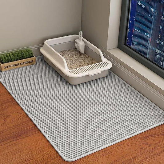 Cat Litter Mat Cat Litter Trapping Mat, 46 x 24 inch Honeycomb Double Layer Design, Urine and Water Proof Material, Scatter Control, Less Waste, Easier to Clean, Washable Gray