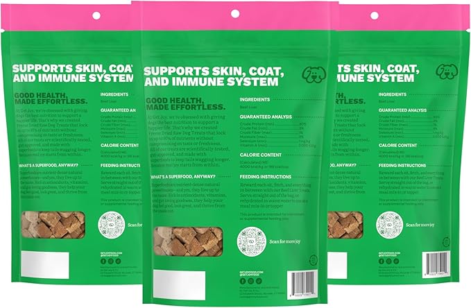 Get Joy Freeze Dried Superfood 100% Beef Liver Dog Treats, 4 Ounce Bag (Pack of 3), Single Ingredient Organ Meat, High Protein, Vision, Skin & Coat Health, Grain Free, Gluten Free, Made in USA