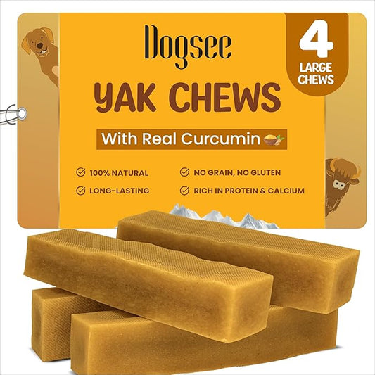 Dogsee Yak Cheese Himalayan Dog Chews with Turmeric 1lb (Large - 4 Bars) | 100% All Natural | Treats for Large Breed | Dog Chews Long Lasting for Joint Inflammation | High Protein | Dental Sticks