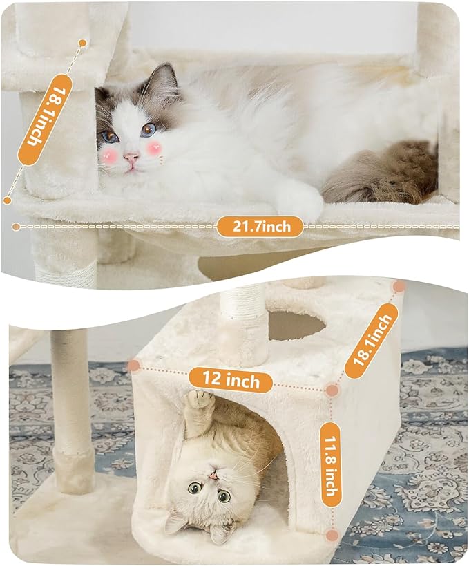 64 Inches Multi-Level Large Cat Tree Tower with Cat House for Indoor Cats/Cozy Perches/Cat Condo/Sisal Scratching Posts/Hammock/Cat Activity Center Play House/Wide Base
