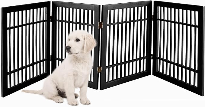 Pet Dog Gate Strong and Durable Freestanding Folding Acacia Hardwood Portable Wooden Fence Indoors or Outdoors by Urnporium (Black Pet Gate, 4 Panel 24" Tall)