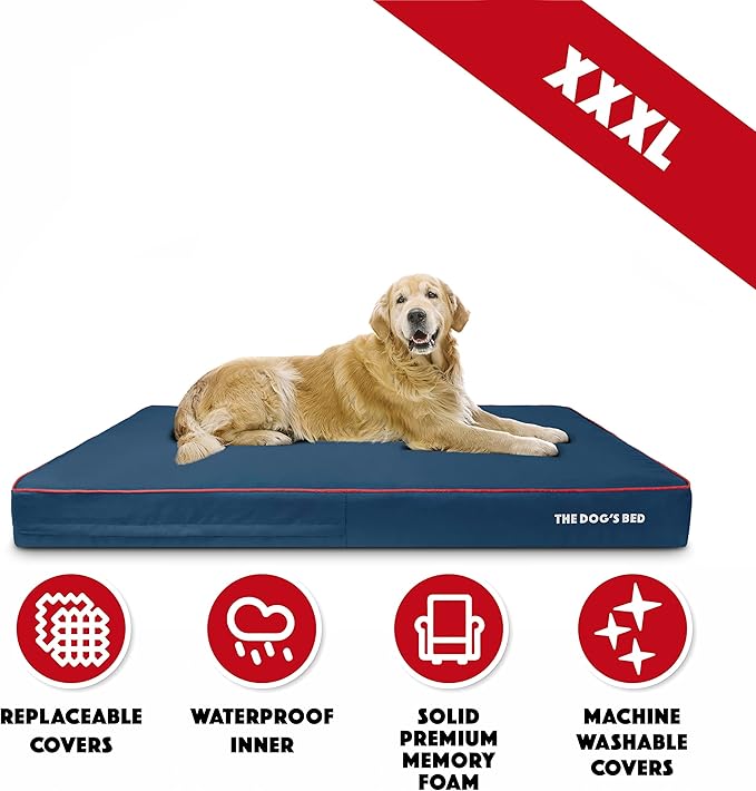 The Dog’s Bed Orthopedic Memory Foam Dog Bed, XXXL Blue/Red, Pain Relief for Arthritis, Hip & Elbow Dysplasia, Post Surgery, Lameness, Supportive, Calming, Waterproof Washable Cover