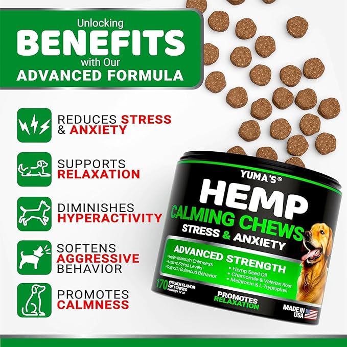 YUMA'S (2 Pack) Hemp Calming Chews for Dogs - Advanced Dog Calming Chews - Anxiety Relief Treats - Separation Aid, Barking, Stress Relief, Thunderstorms - Melatonin - Hemp Oil - Made in USA