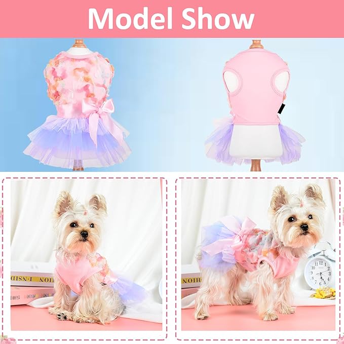 Dog Tulle Dress, Summer Clothes for Small Dogs Girl Dresses Female, Polka Pet Dog Outfit, Puppy Cat Apparel, Pink (Large, Macaroon Skirt)