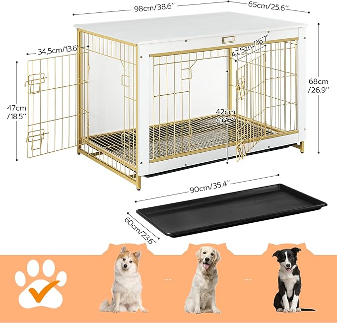 HOOBRO Dog Crate Furniture, 38.6" Large Dog Kennel Indoor, Wooden Cage with Pull-Out Tray, Double Doors Pet House Side End Table for Large/Medium/Small Dogs, White DW982GW03