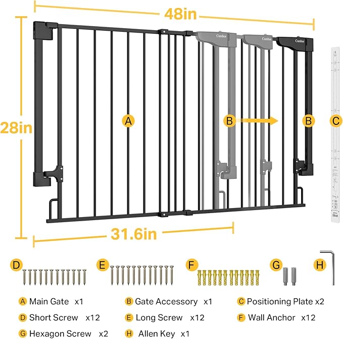 Cumbor Expandable 31.6-48" Baby Gate for Stairs, Wall-Mounted, 2-in-1 No Bottom Bar Dog Gate Indoor, Pet Gate for Doorways with Large Walk Thru Door, Child-Proof Safety Gate for Kids (Black)