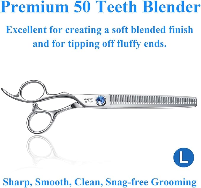 JASON Left Handed 7" 50 Teeth Blending Dog Grooming Scissor, Ergonomic Cats Grooming Thinning Shears Pets Trimming Kit with Offset Handle and a Jewelled Screw, Sharp, Comfortable Blender